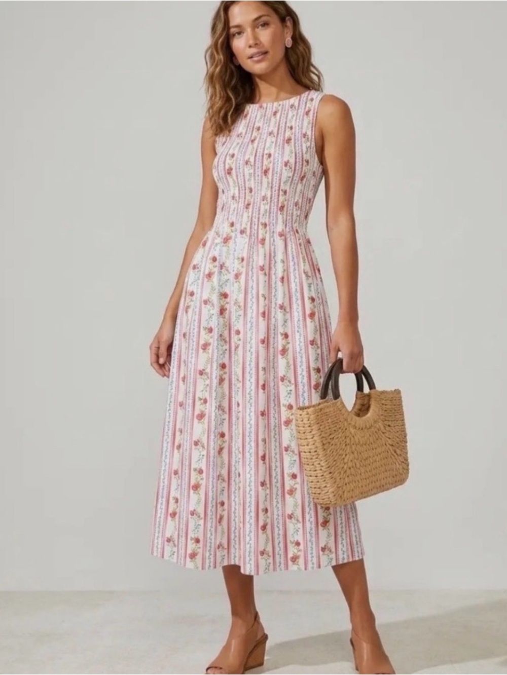 NWT Caroline Constas Large Pomegranate Stripe Smocked Cotton Dress Sleeveless